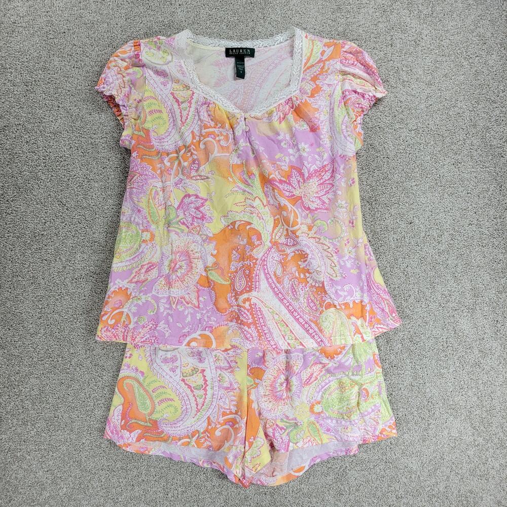 Lauren Ralph Lauren Pajama Short Set Womens S Orange Pink Paisley Lace Cotton